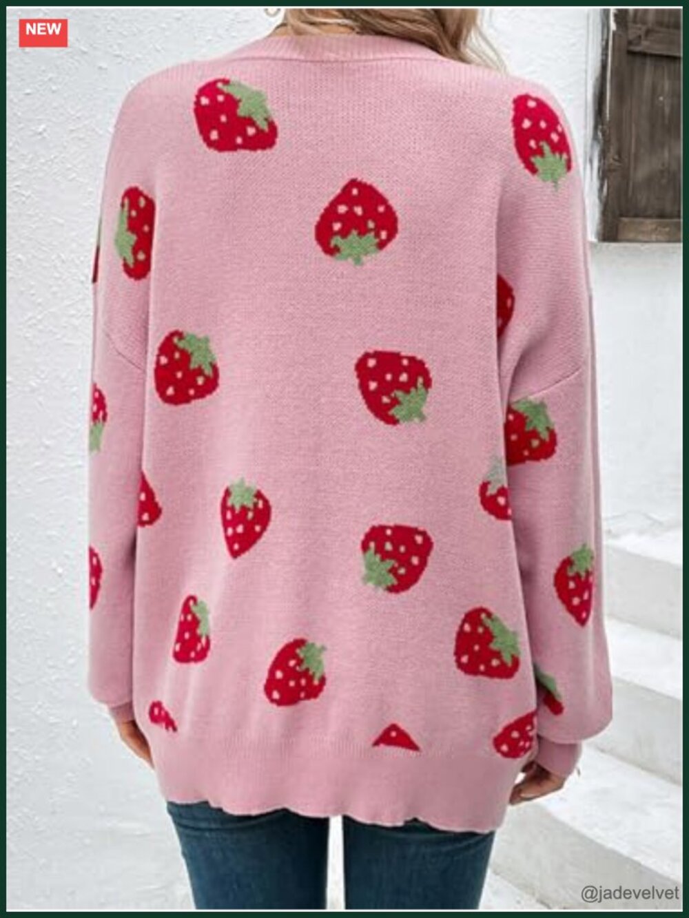 Cartoon Strawberry Knit Long Sleeve Open Front Slouchy Cardigan - Picture 2 of 2
